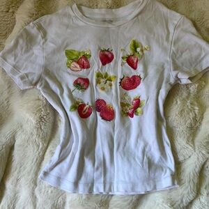 White and Red Strawberry Print Short Sleeve Tee (Never Worn)